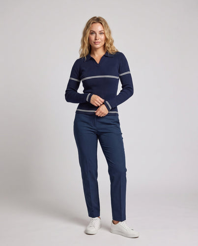 Damen Feinstrick-Polo mit Kontraststreifen und schmaler Rippstruktur Shop Nory
