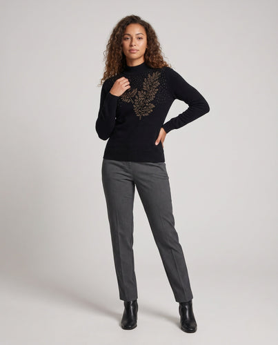 Damen Feinstrickpullover mit Ajour‑Blattapplikation und Perlen‑Detail Shop Nory