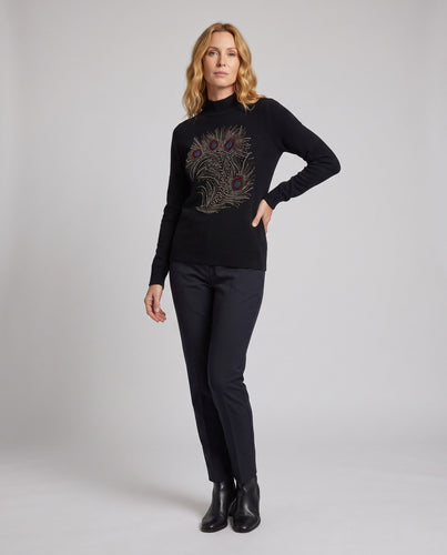 Damen Feinstrickpullover mit Pfauenfeder-Strassapplikation Shop Nory