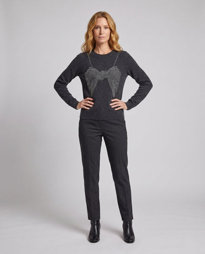 Damen feiner Strickpullover mit Rundhalsausschnitt und funkelnder Schleifen-Strassapplikation Shop Nory