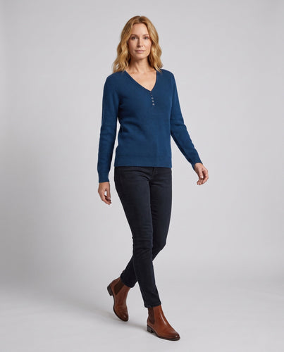 Damen Feinstrickpullover mit V-Ausschnitt und dekorativer Knopfleiste, kaschmirähnliche Weichheit Shop Nory