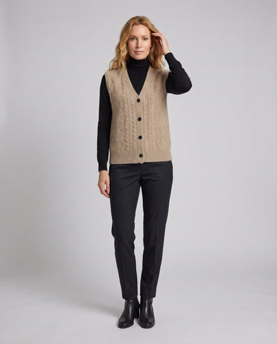 Damen Flauschige Strickweste mit V‑Ausschnitt, Zopfmuster und Knopfleiste Shop Nory