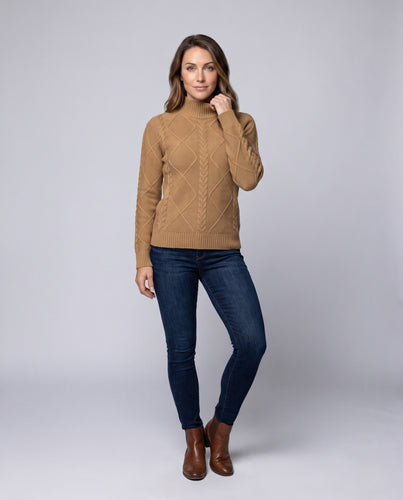 Damen Flauschiger Strukturstrick‑Mockneckpullover mit Zopf‑ und Rautenmuster Shop Nory