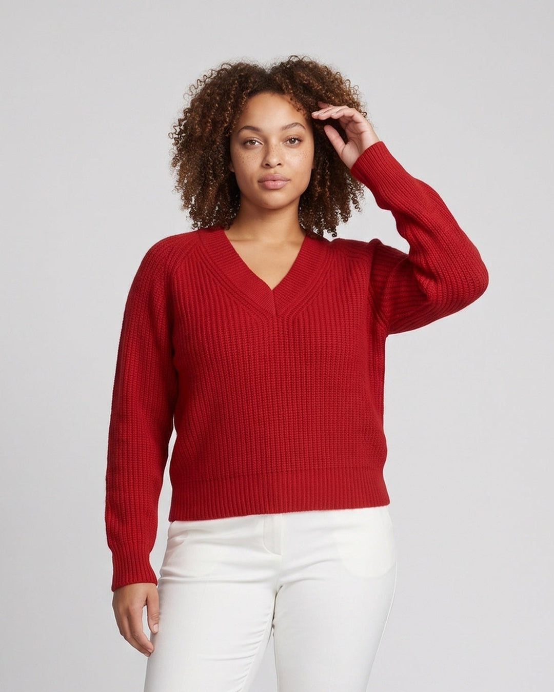 Damen flauschiger V-Ausschnitt Pullover im Mohair-Look mit gerippten Bündchen Shop Nory