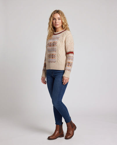 Damen Gemusterter Oversize-Pullover mit Norweger-Motiv, Zopfmuster und weichem Mohair-Look Shop Nory