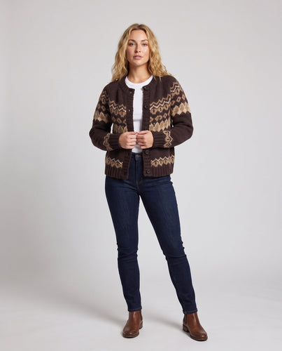Damen Gestreifter Grobstrick‑Cardigan mit Norwegermuster und Knopfleiste Shop Nory