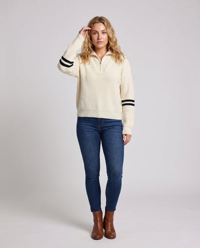 Damen Großer Rippenstrick-Pullover mit halbem Reißverschluss und hohem Kontrastkragen Shop Nory