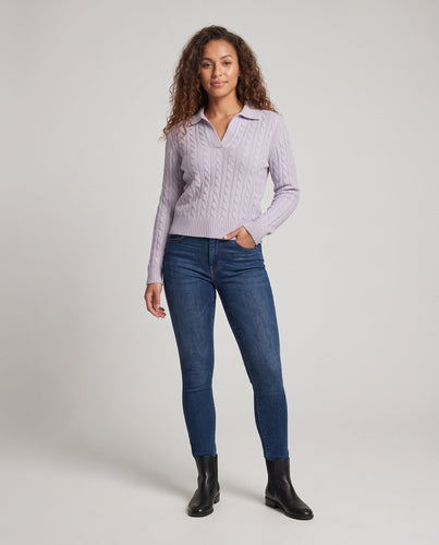 Damen Kabelstrick-Polo-Pullover mit V-Ausschnitt und weicher Feinstrick-Qualität Shop Nory