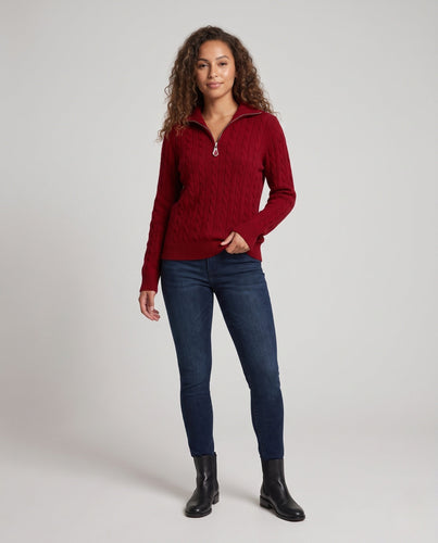 Damen Kabelstrick-Pullover mit halbem Reißverschluss und Stehkragen Shop Nory