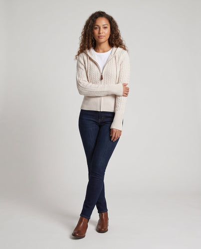 Damen Kapuzen-Zopfstrick-Cardigan mit Reißverschluss, schmaler Rippenbund und Leder-Zipperanhänger Shop Nory