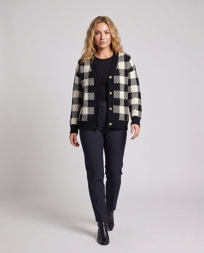 Damen Karierter Strick-Cardigan mit V‑Ausschnitt, Oversize‑Silhouette und dekorativen Knöpfen Shop Nory
