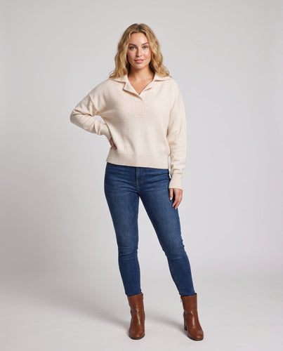 Damen Kaschmir‑Look Polo‑Feinstrickpullover mit offenem Reverskragen und kastiger Silhouette Shop Nory