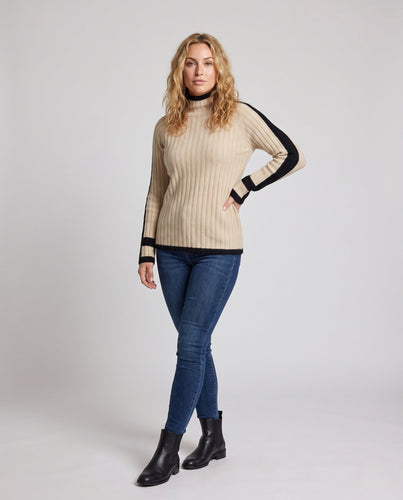 Damen Kaschmir‑Look Rippenpullover mit Stehkragen, verlängerten Ärmelabschlüssen und Kontraststreifen Shop Nory