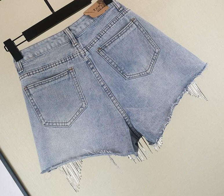 Diamond Quasten Zerrissene Jeansshorts