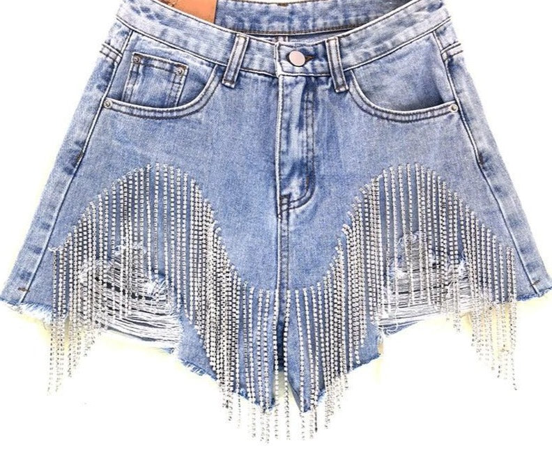 Diamond Quasten Zerrissene Jeansshorts