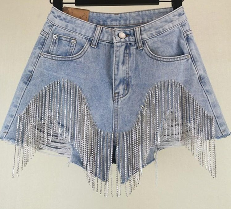Diamond Quasten Zerrissene Jeansshorts