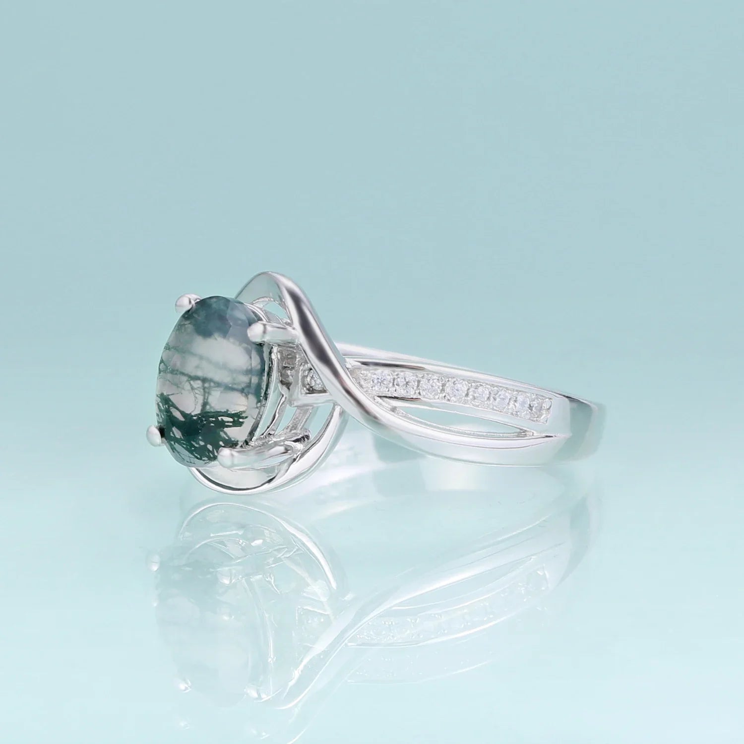 Verlobungsring aus Moosachat und Diamant, ovaler Verlobungsring aus Moosachat aus Sterlingsilber | Shop Nory