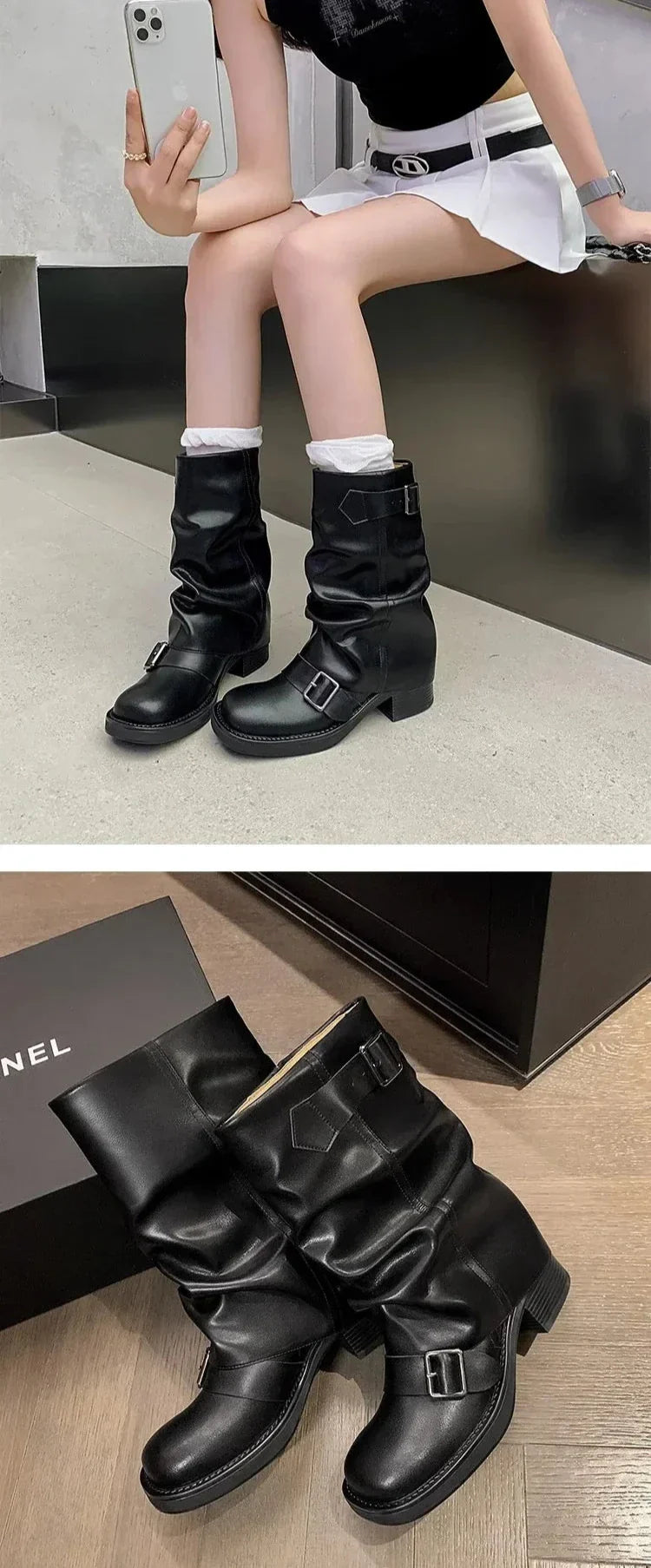 Falten Mid-Calf Stiefel