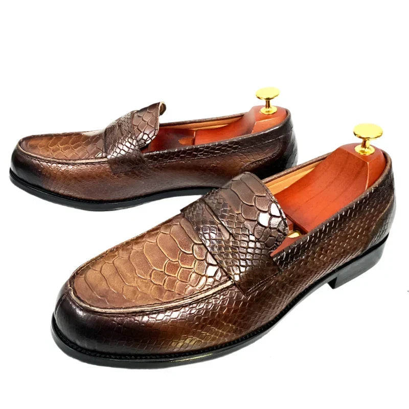 Shopnory | Luxus Schwarze Lederloafers mit Schlangenprint