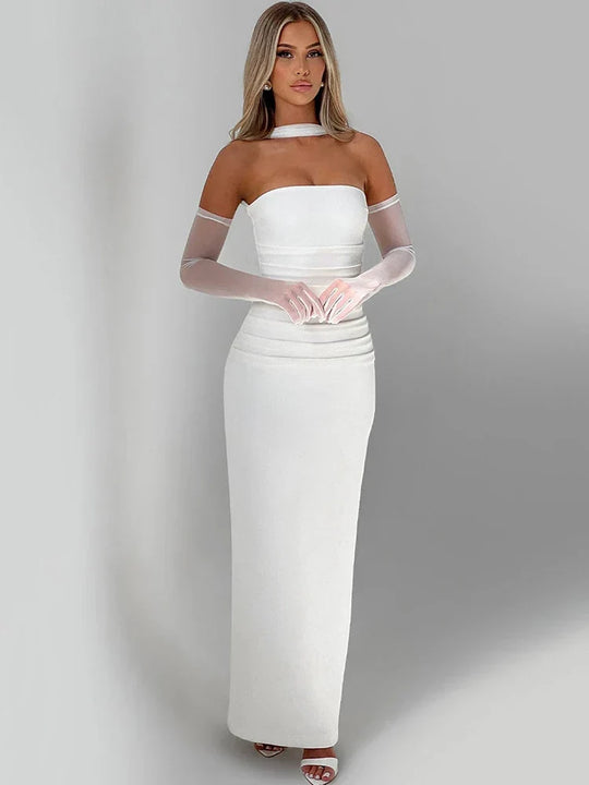 Abendballkleid Strapless Bodenlang Säulensilhouette Halstuchdetail