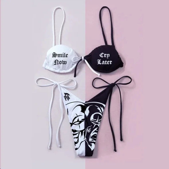 Sexy Goth Bikini Frauen Buchstaben Totenkopf Druck Badeanzug Split Badeanzug Hohe Taille Gotische Bikini Set Strandoutfits