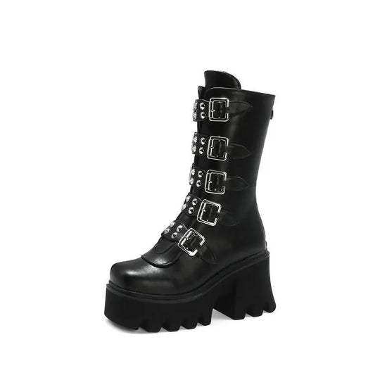 Gothic Schuhe Frauen Schwarz Hochstiefel Weiblich Hohe Absatz Frauen Combat Punk Chunky Dame