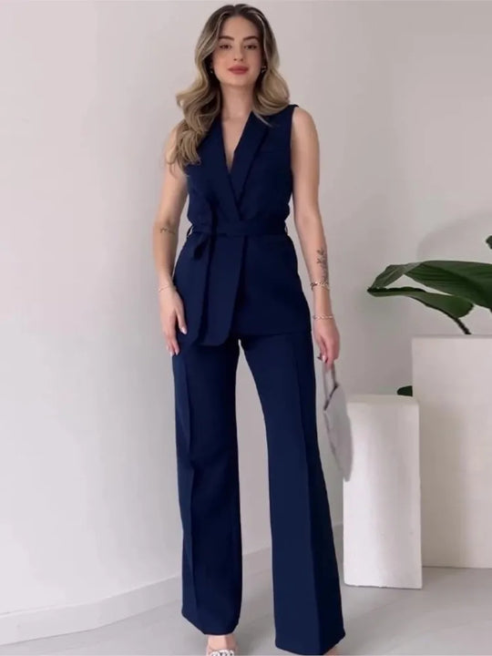 Ärmelloser Blazer-Anzug Taillierte Passform Wickel-V-Ausschnitt Weite Hose