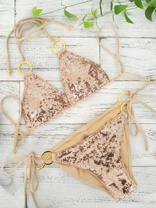 Shopnory | Neu Sexy Bikinis Pailletten Goldfarbe Frauen Bandage Bikini Set Push-Up Vorgepolsterter Bh Badeanzug Set Bademode