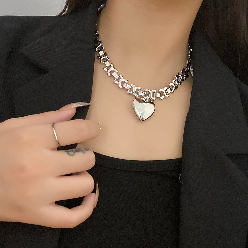 Damen Silber Edelstahl Geometrische Dicke Ketten Herz Anhänger Halskette | Shop Nory