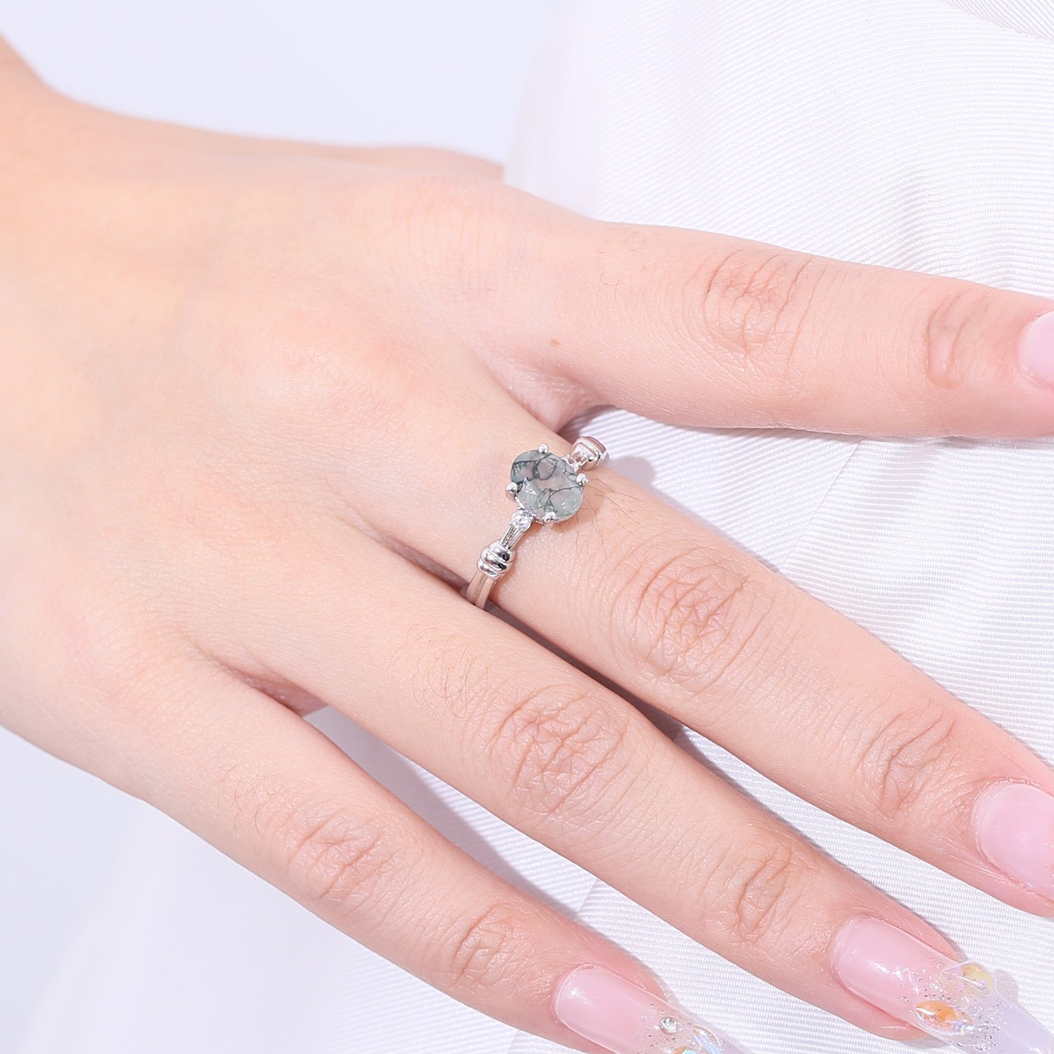Von der Natur inspirierter Moosachat-Verlobungsring in Silber | Shop Nory