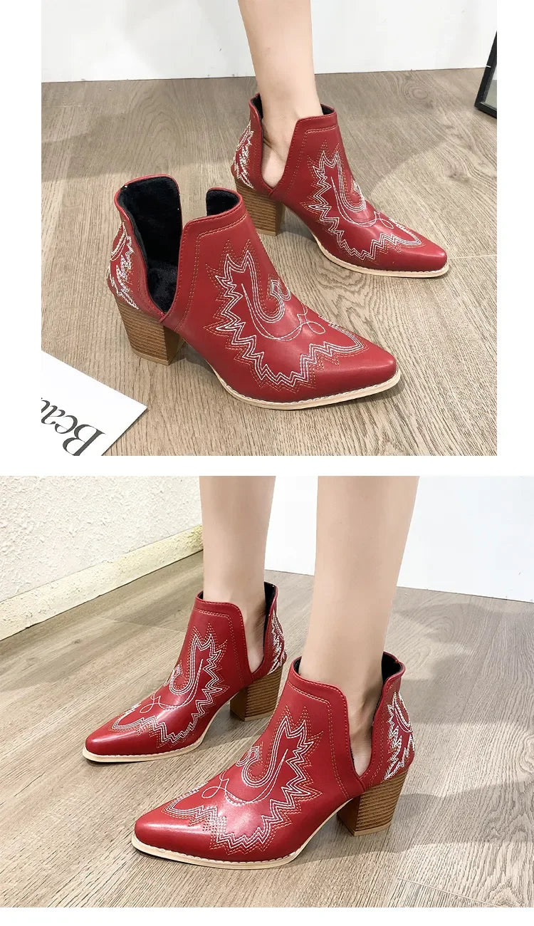 Damen Westernstiefel mit Blockabsatz und Retro-Stickerei