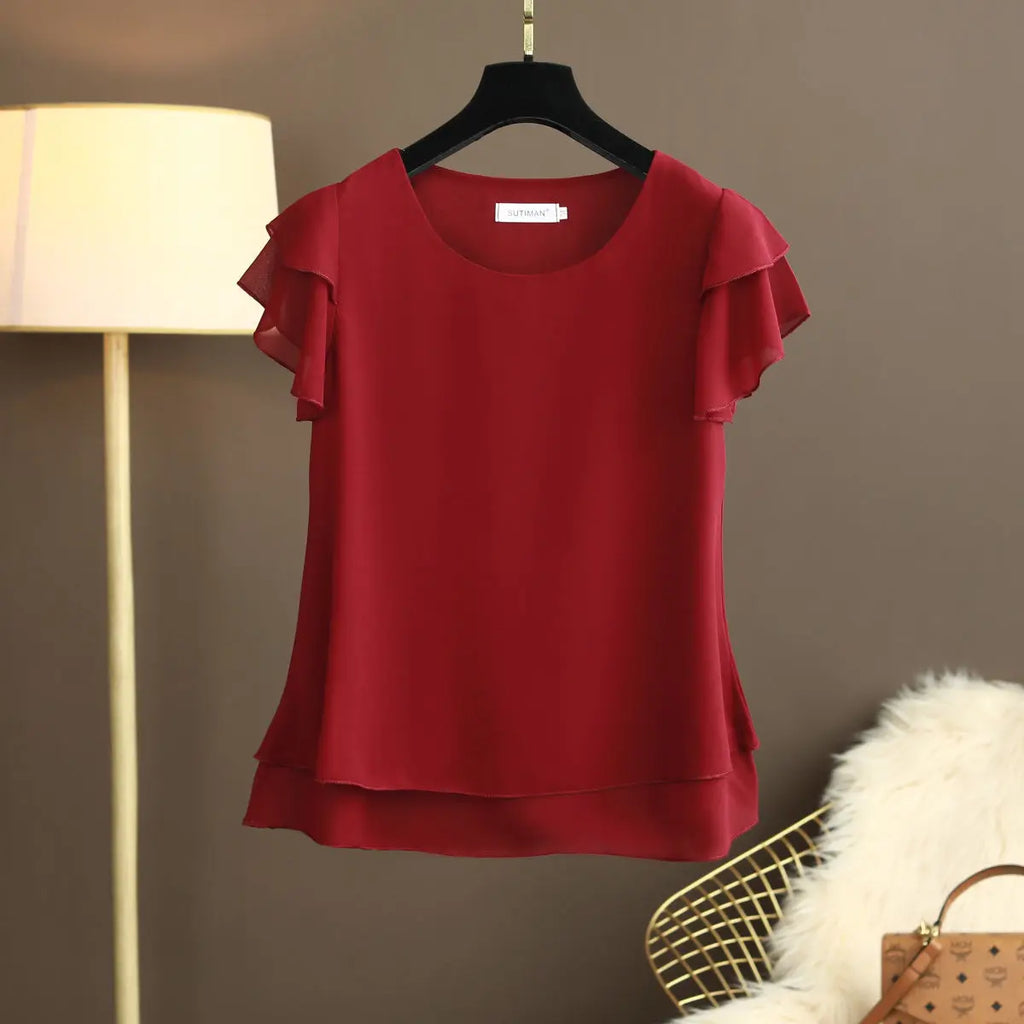 Chiffon Bluse mit O-Ausschnitt und Kurzen Ärmeln