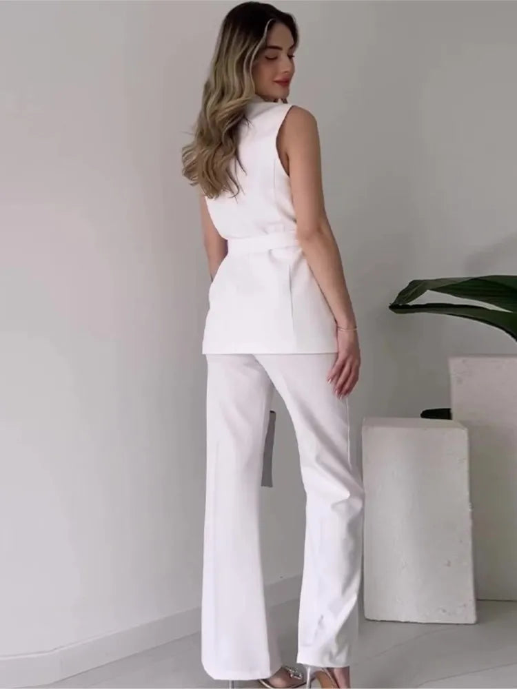 Ärmelloser Blazer-Anzug Taillierte Passform Wickel-V-Ausschnitt Weite Hose