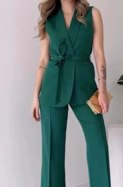 Ärmelloser Blazer-Anzug Taillierte Passform Wickel-V-Ausschnitt Weite Hose