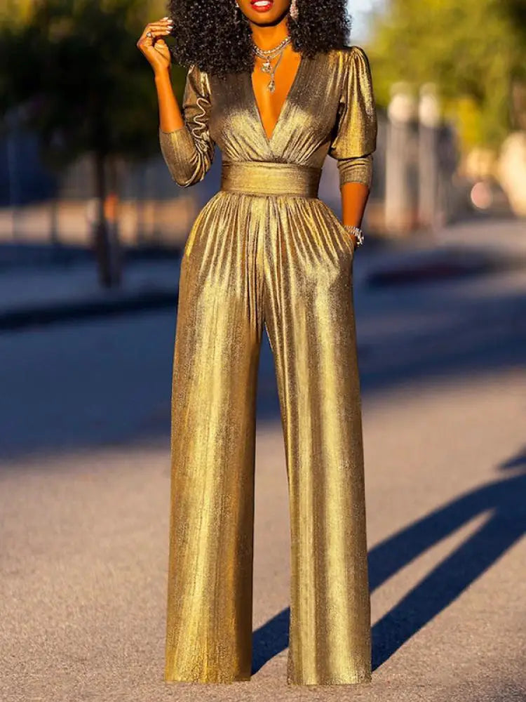 ShopNory Damen Jumpsuit mit V-Ausschnitt und Metallic-Optik