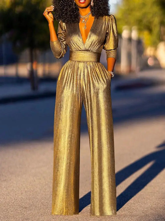 ShopNory Damen Jumpsuit mit V-Ausschnitt und Metallic-Optik