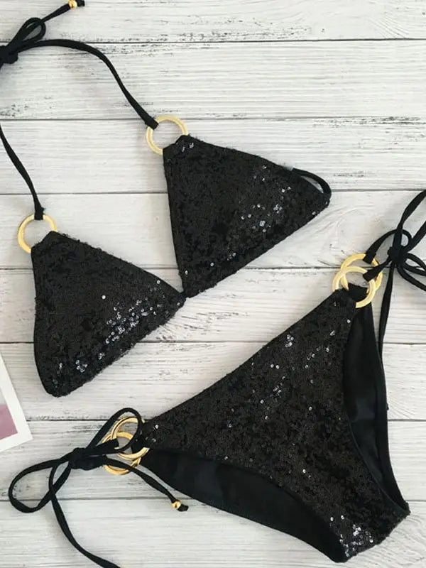 Shopnory | Neu Sexy Bikinis Pailletten Goldfarbe Frauen Bandage Bikini Set Push-Up Vorgepolsterter Bh Badeanzug Set Bademode