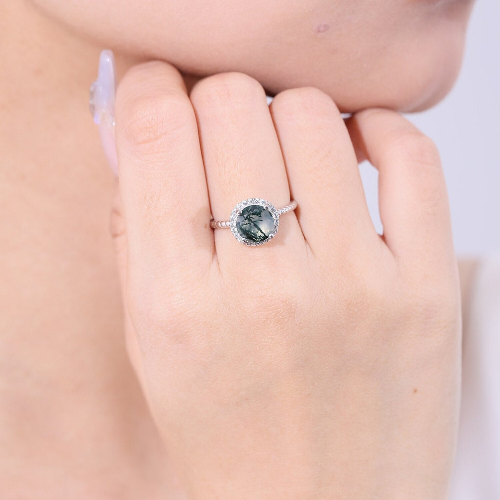 Moosachat-Verlobungsring, runder Halo-Ring in Silber | Shop Nory
