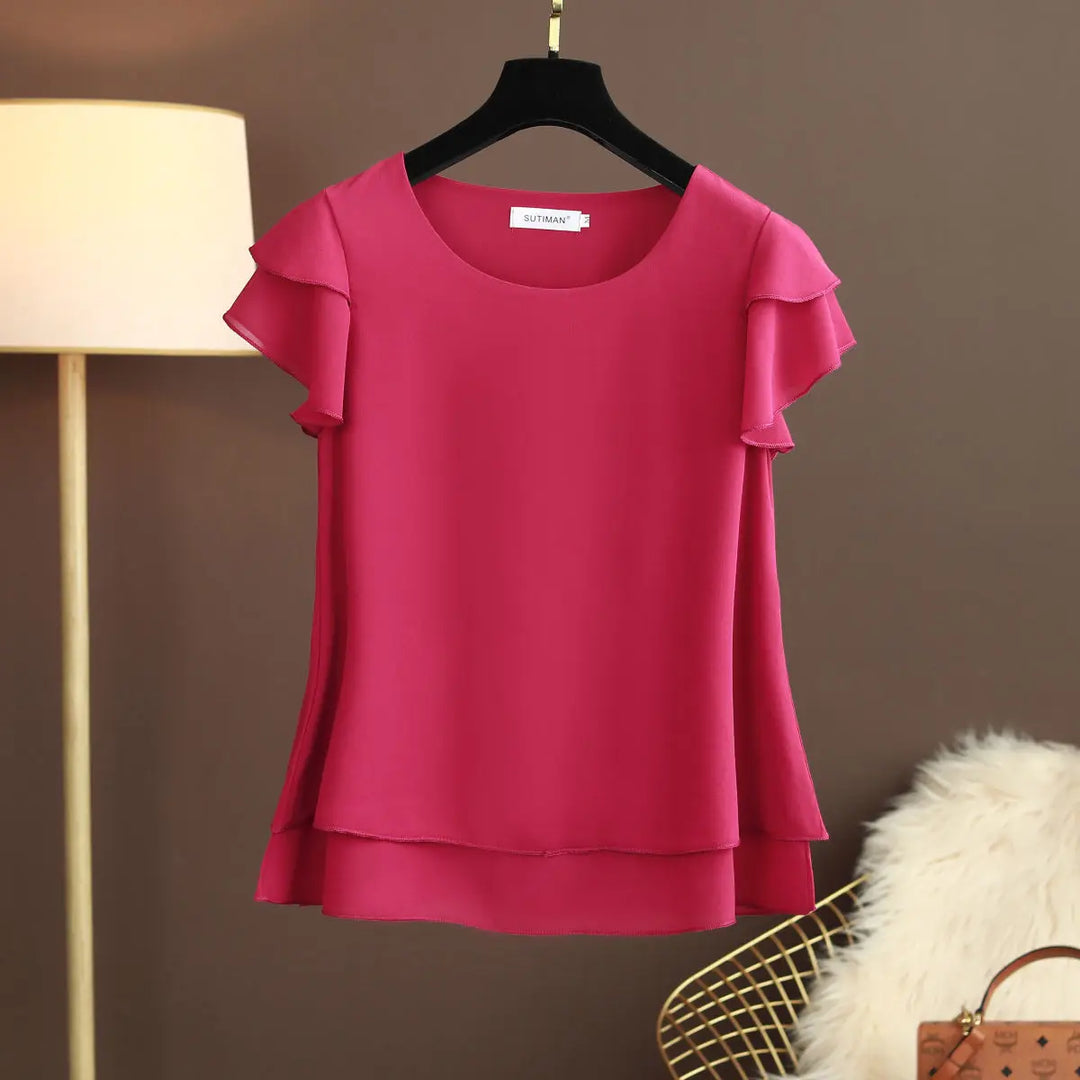 Chiffon Bluse mit O-Ausschnitt und Kurzen Ärmeln