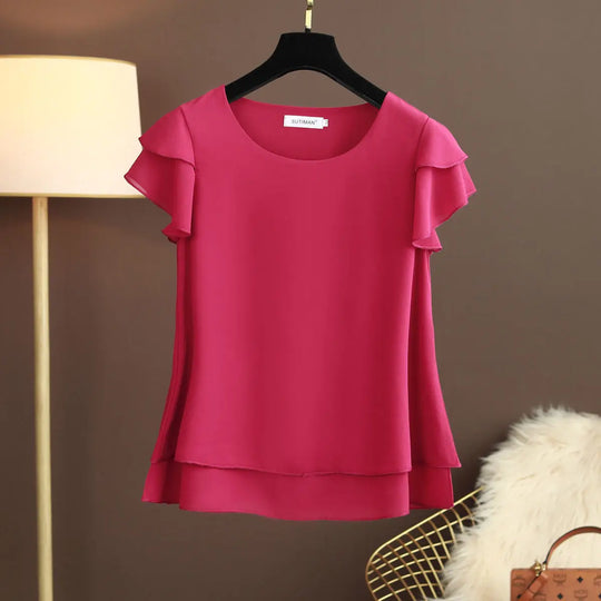 Chiffon Bluse mit O-Ausschnitt und Kurzen Ärmeln