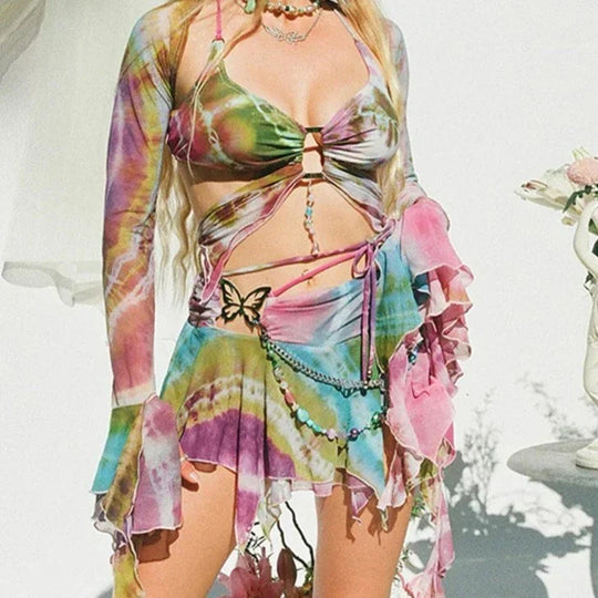 Mesh Schmetterling Crop Top und Minirock Tie Dye Y2k Satz