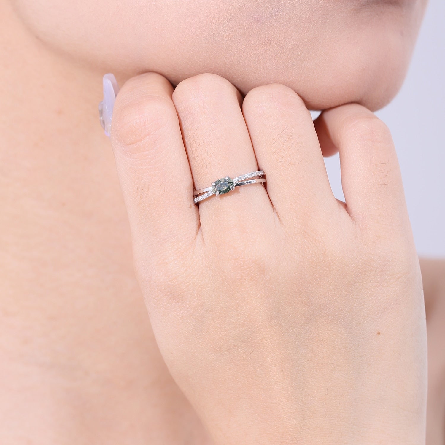 Moosachat-Ehering mit kreuzförmigem Design in Silber | Shop Nory