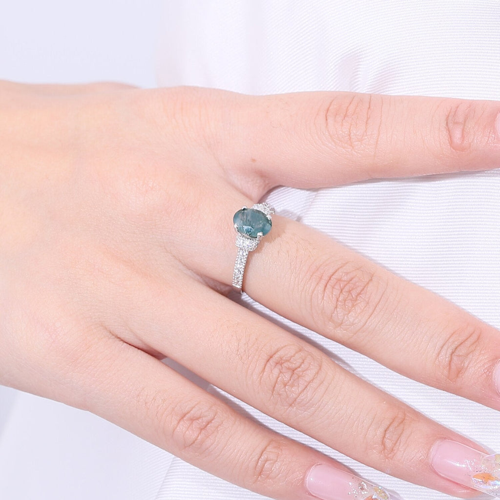Silberner Moosachat-Ring im Art-Deco-Stil mit ovalem Pavé-Fassung | Shop Nory