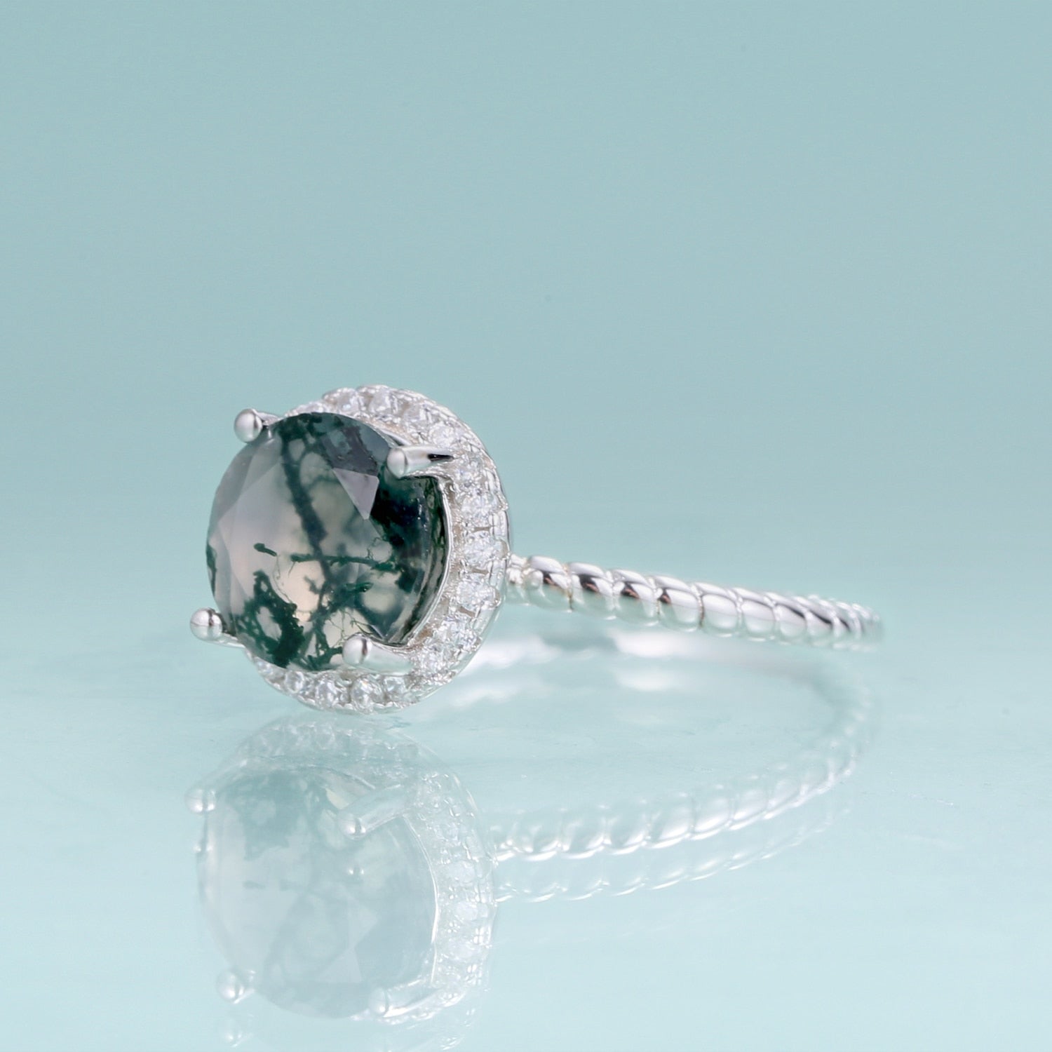 Moosachat-Verlobungsring, runder Halo-Ring in Silber | Shop Nory
