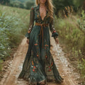 Boho Damen Maxikleid mit Niedrigem V-Ausschnitt und Langarm | ShopNory