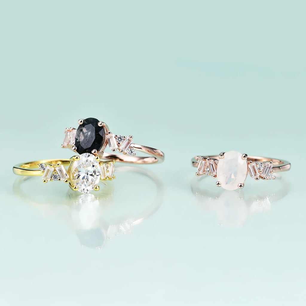 Schwarzer Rutilquarz-Ring aus 14 Karat Roségold, einzigartiger und erschwinglicher Verlobungsring im Ovalschliff | Shop Nory
