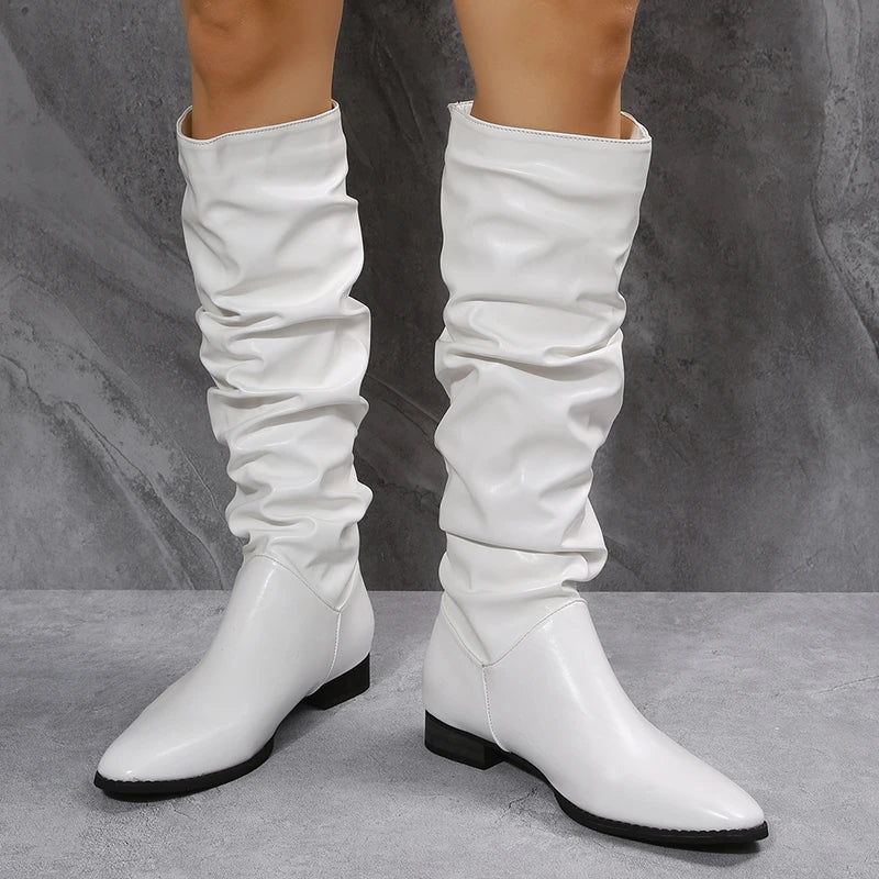 Knielange Punk-Stil Falten Pu-Leder Stiefel