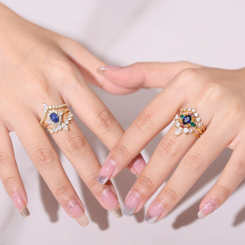 Blauer Saphirring mit buntem Smaragdring im Art-Deco-Vintage-Stil | Shop Nory