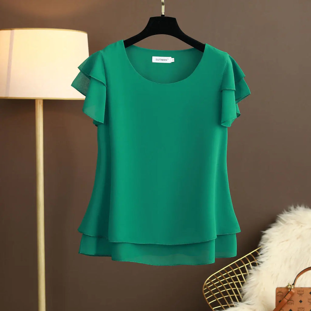 Chiffon Bluse mit O-Ausschnitt und Kurzen Ärmeln
