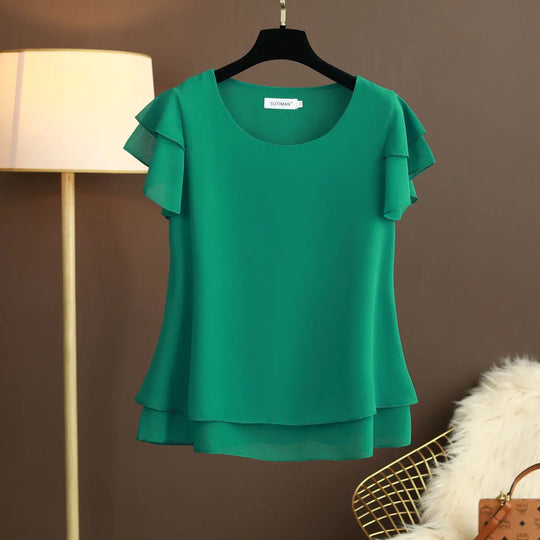 Chiffon Bluse mit O-Ausschnitt und Kurzen Ärmeln
